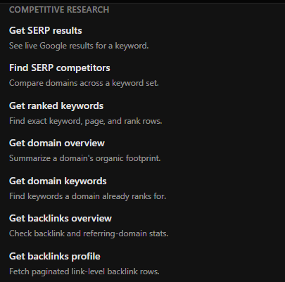 The AuctoSEO competitive research tool group, listing Get SERP results, Find SERP competitors, Get ranked keywords, Get domain overview, Get domain keywords, Get backlinks overview, and Get backlinks profile